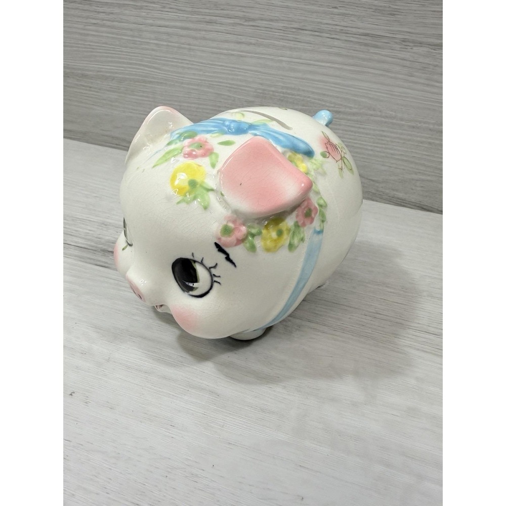 MCM Anthropomorphic Kitsch Pink White Floral Ceramic Piggy Bank